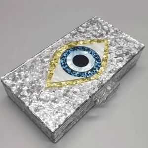 NIB Silver Evil Eye graphic chain box bag clutch resort wear!